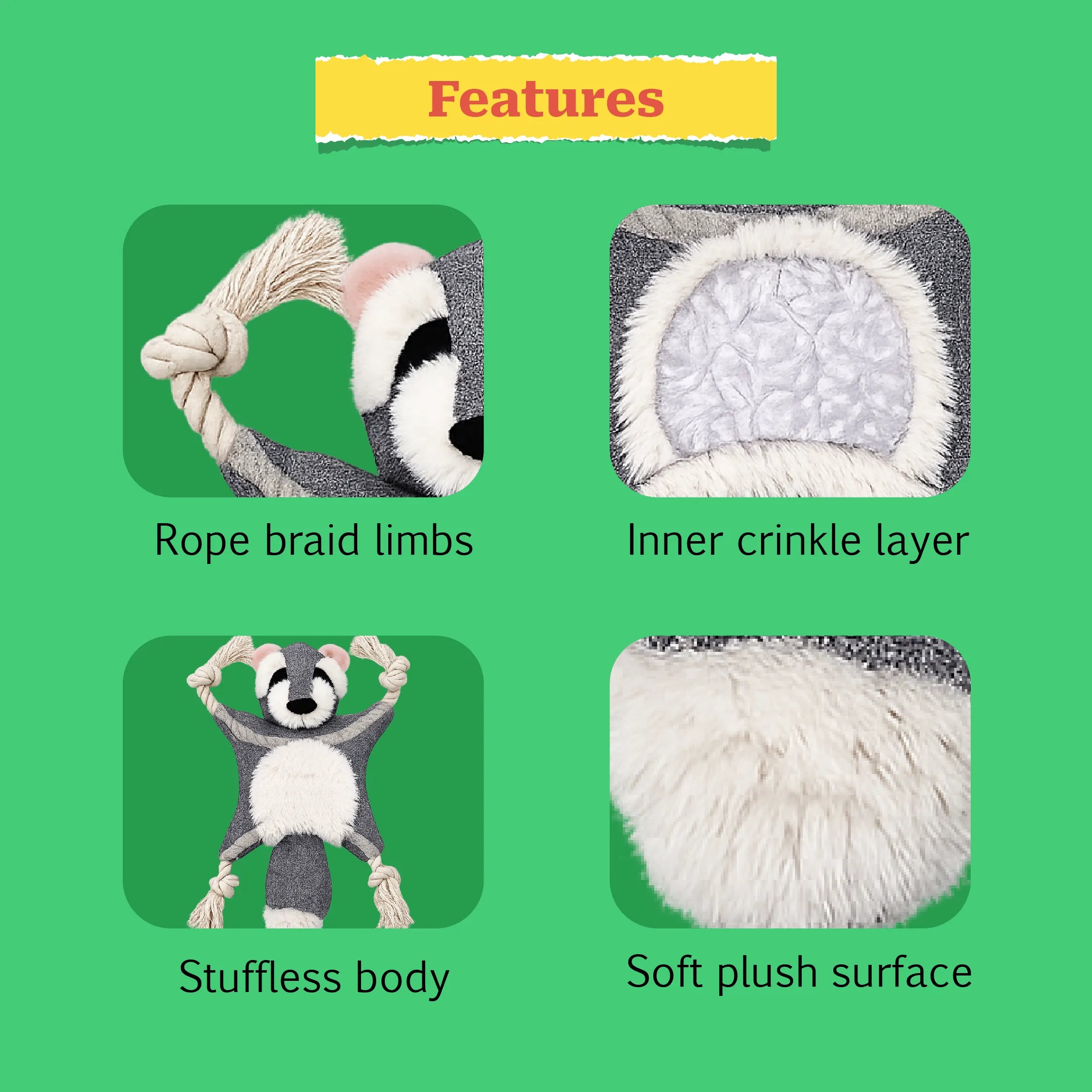 CrinkleCritter – Stuffless Crinkle Plush Toy with Rope Braid Limbs for Pets